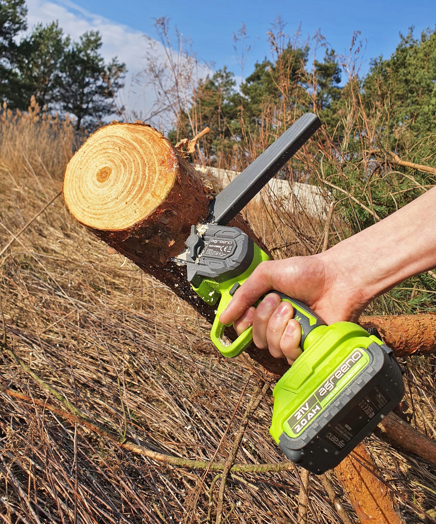 Akumulatorowa pilarka łańcuchowa marki Agreeno  w trakcie cięcia kawałka drewna - ujęcie nr 2